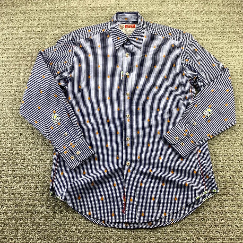 Robert Graham Shirt Men Medium M Blue White Checkered Button Up Guitar All Over